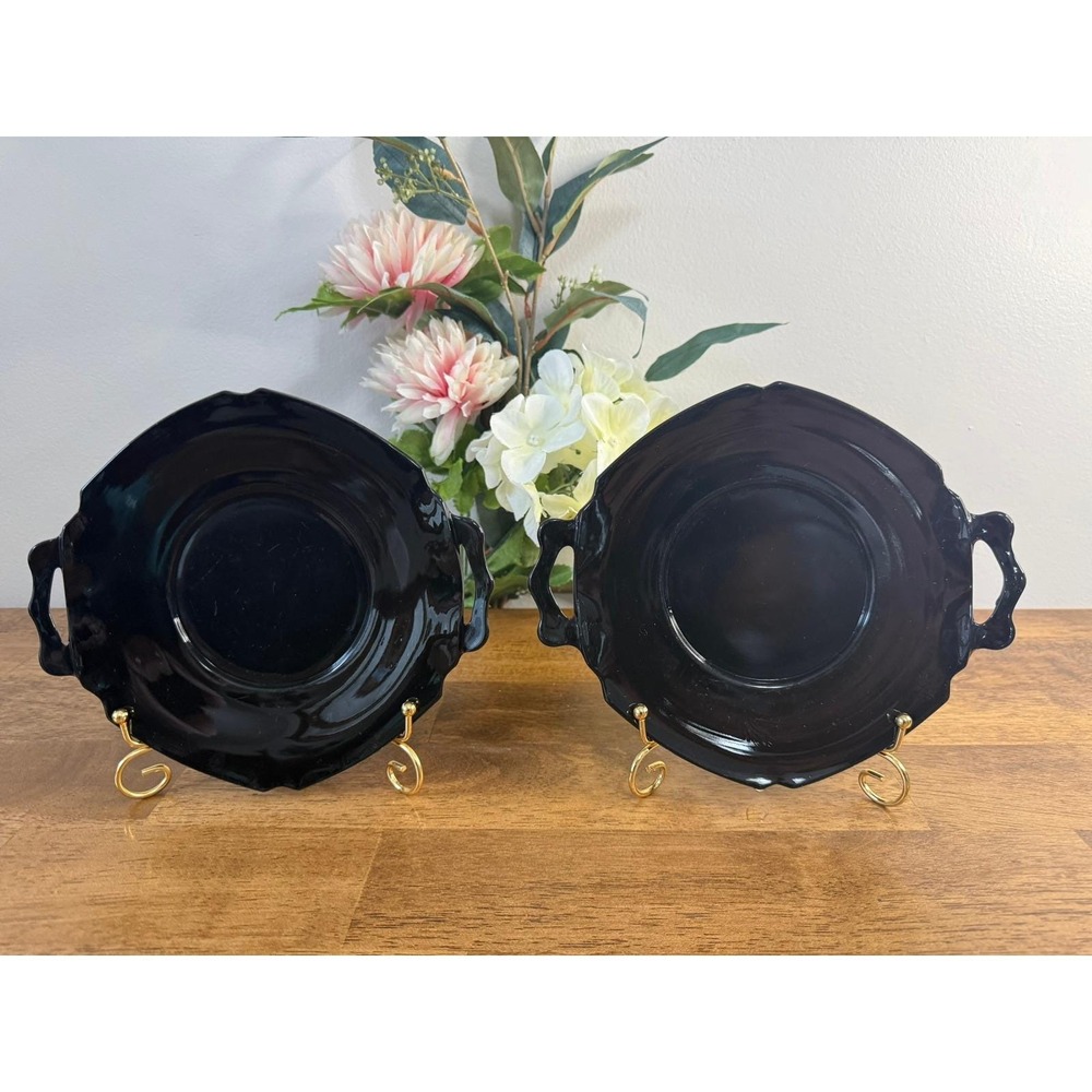 L.E. Smith Mt Pleasant Black Amethyst Glass Handled Plates Pair Art Deco